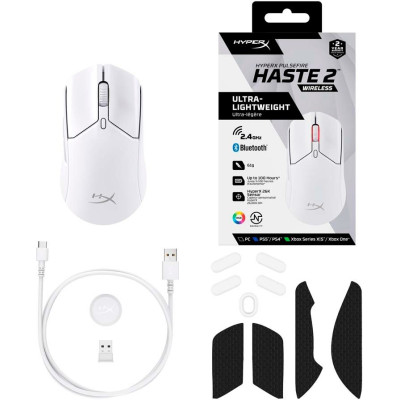 Мышь HyperX Pulsefire Haste 2, RGB, USB-A/WL/BT, белый