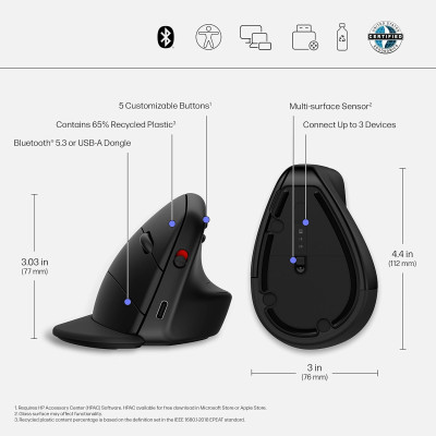 Мышь HP 920 Ergonomic Vertical, WL/BT, черный