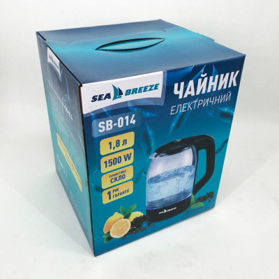 Чайник электрический SeaBreeze SB-014 1.8 л 1800 Вт, чайник прозрачный.