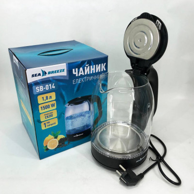 Чайник электрический SeaBreeze SB-014 1.8 л 1800 Вт, чайник прозрачный.
