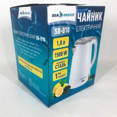 Электрочайник SeaBreeze SB-010/1,8Л / Металлический, чайник дисковый, электронный чайник