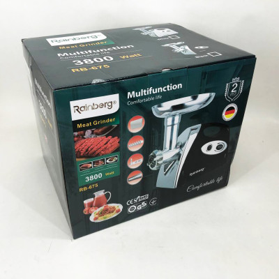 Мясорубка Rainberg RB-675 3800 Вт с соковыжималкой, мясорубка электрическая металл. Цвет: черный