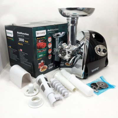 Мясорубка Rainberg RB-675 3800 Вт с соковыжималкой, мясорубка электрическая металл. Цвет: черный