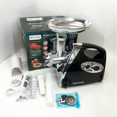 Мясорубка Rainberg RB-675 3800 Вт с соковыжималкой, мясорубка электрическая металл. Цвет: черный