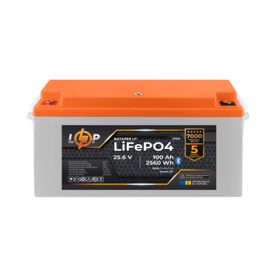 Акумулятор LP LiFePO4 25,6V - 100 Ah (2560Wh) (BMS 100A/50А) пластик Smart BT Акумулятор LP LiFePO4 25,6V - 100 Ah (2560Wh) (BMS 100A/50А) пластик Smart BT