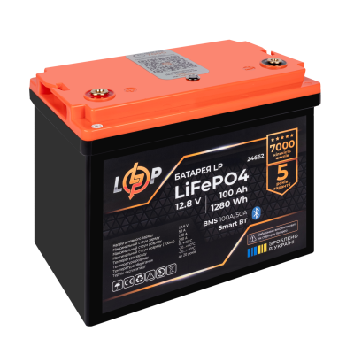Аккумулятор LP LiFePO4 12,8V - 100 Ah (1280Wh) (BMS 100A/50А) пластик Smart BT
