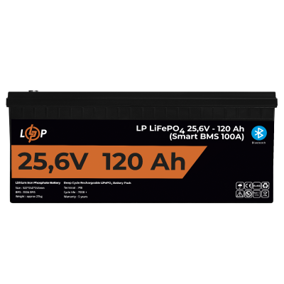 Аккумулятор LP LiFePO4 25,6V - 120 Ah (3072Wh) (Smart BMS 100А) с BT пластик для ИБП