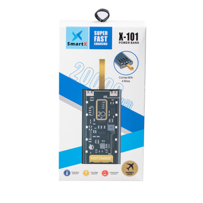 Повербанк SmartX Fast Charge Power Bank 20000mAh зовнішній акумулятор 4 вбудованих кабелю X-101
