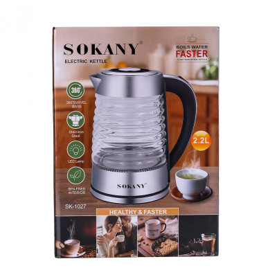 Электрочайник Sokany SK1027CST 2.2 литра стеклянный 2000 Вт.