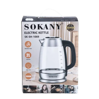 Електрочайник Sokany SK-SH-1069 Electric Kettle 2000W 2l прозорий чайник