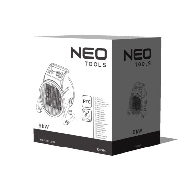 Теплова гармата електрична Neo Tools, 5кВт, 80м кв, 588м куб/год, 380В, керамічний нагрів. елемент (PTC), чорний