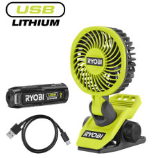 Вентилятор аккумуляторный клипса Ryobi USB Lithium RCF4-120G 4В акб 1х2А·час 3800об·мин вращение 325° поворот 180° 2 скорости 0.29кг