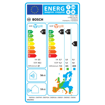Кондиціонер Bosch Climate 7000i 25м2 інвертор 9000BTU 2.6кВт A+++/A+++ -30°С Wi-Fi R32 чорний
