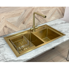 Gold Stainless Steel SP8045G - Подвійна кухонна мийка з нержавіючої сталі Platinum Handmade